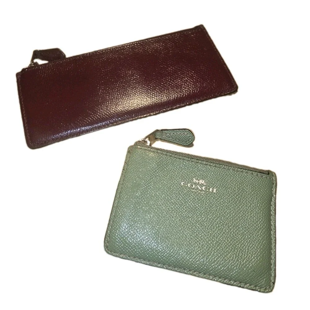 COACH Lot Sage Green/Red Pink Logo Debit Card & Burgundy Zip Top Coin Case Pouch